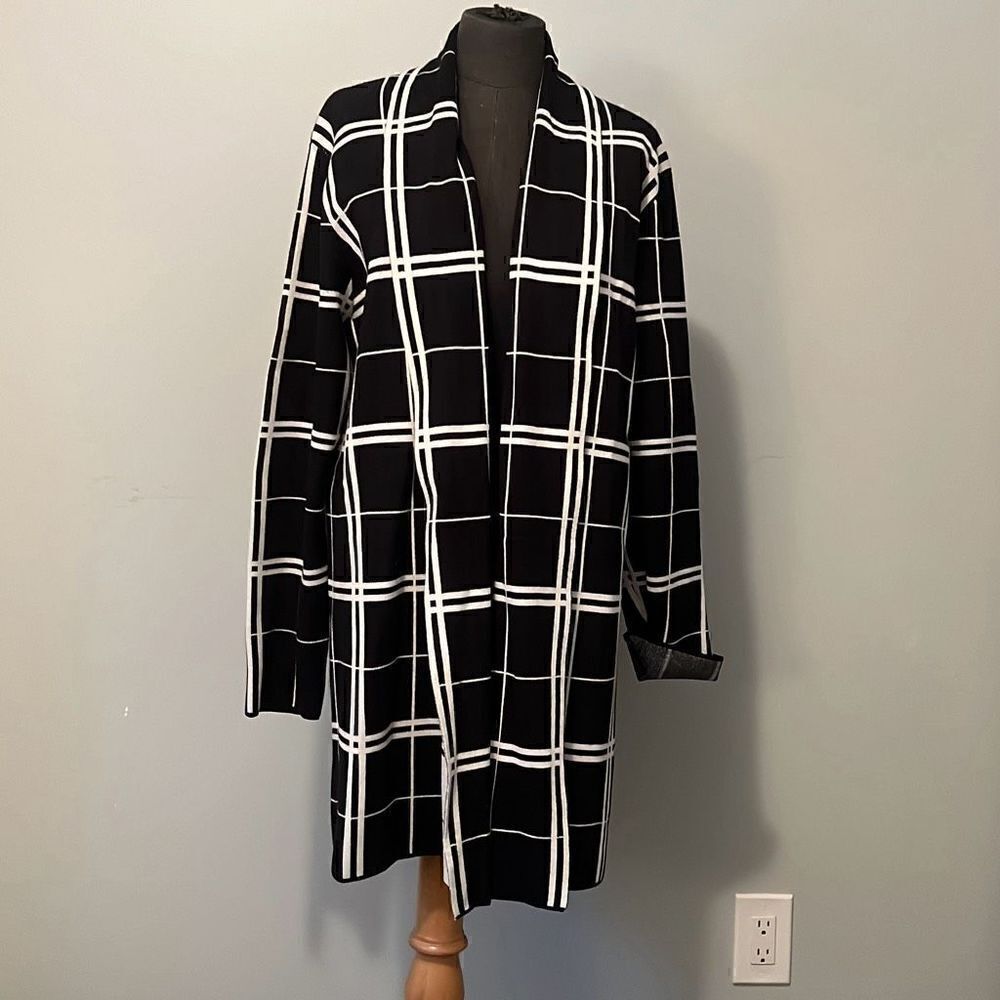 Premise Studio Women's Black White Plaid Open Front Knitted Cardigan Size XL